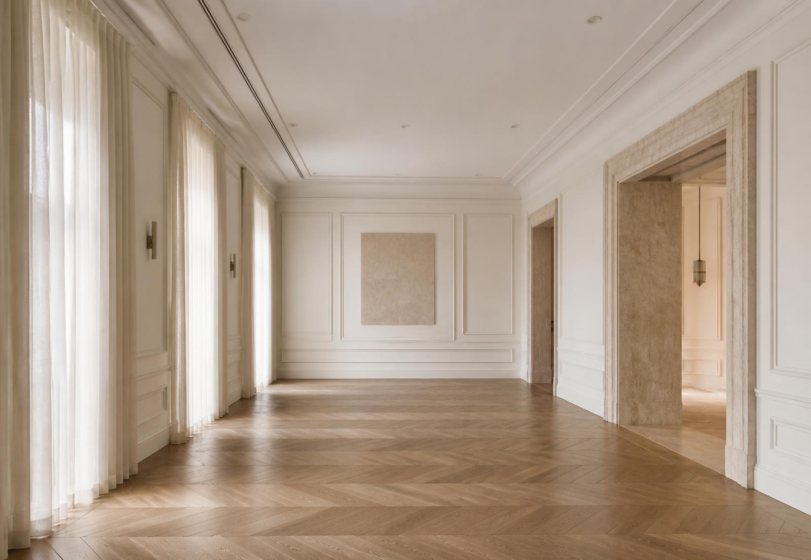 Empty elegant neutral event room with panelled ivory walls and herringbone floor
